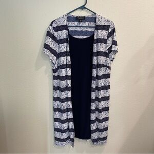 Perceptions Size XL Polyester Navy/White Multi Patterned Midi Short Sleeve Dress